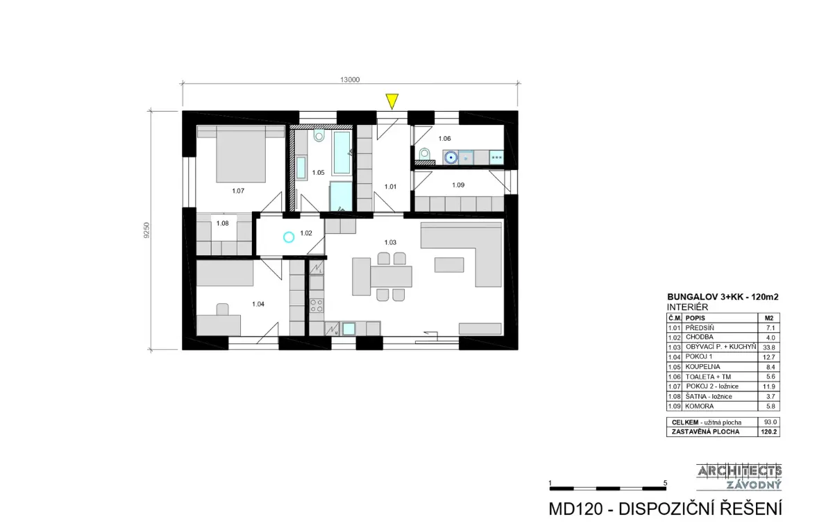 Bungalov rodinný dům MD120 dispozice Bungalov rodinný dům MD120 rozkres dispozičního řešení
