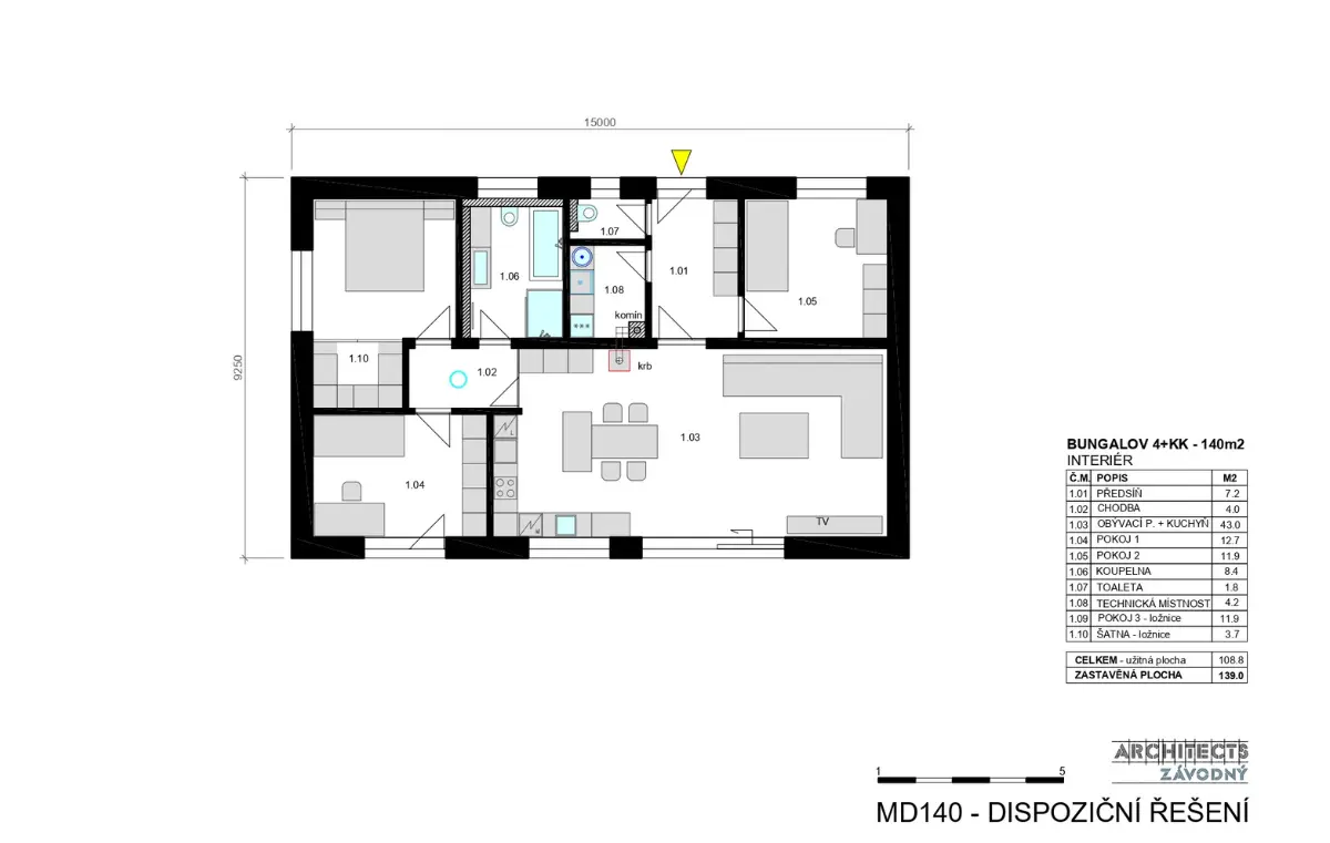 Bungalov rodinný dům MD140 dispozice Bungalov rodinný dům MD140 rozkres dispozičního řešení